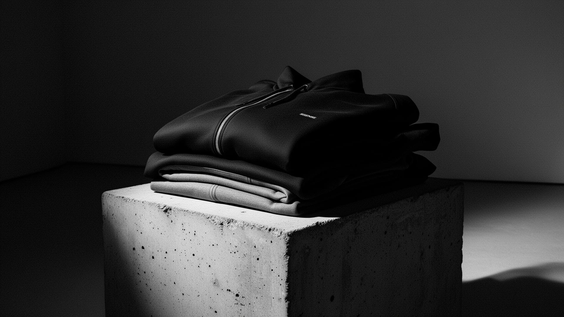Folded premium streetwear on a concrete plinth